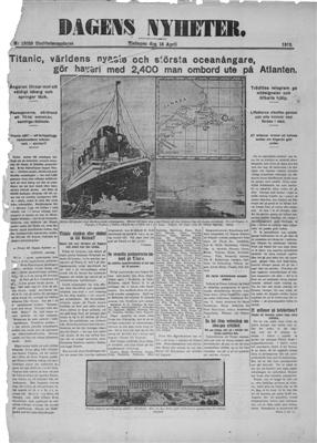 Dagens Nyheter om Titanic från 1912.